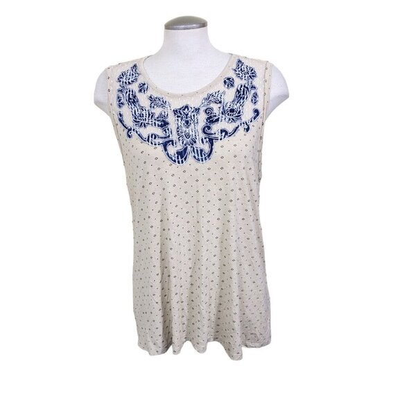 Lucky Brand Tank Top Womens Size XL Linen Blend Beige Blue Applique Diamond Dot - Picture 2 of 8
